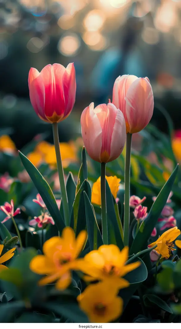 Three pink tulips in a field of flowers