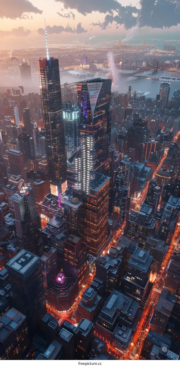 Aerial View of a Futuristic Cityscape at Dusk