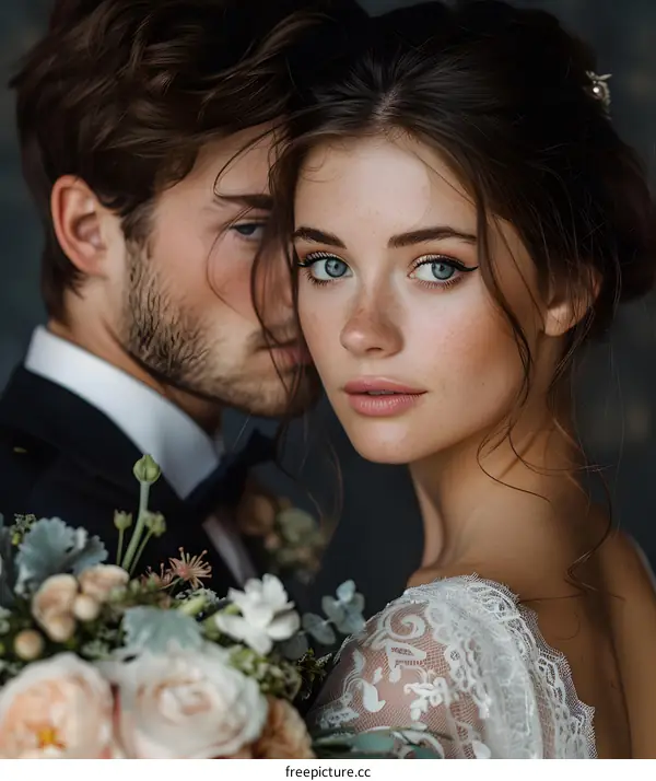 A newlywed couple is cuddling, and the brides eyes are gazing at the camera