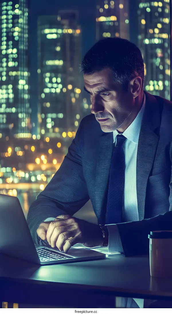 Businessman Working Late at Night in Office with Cityscape View