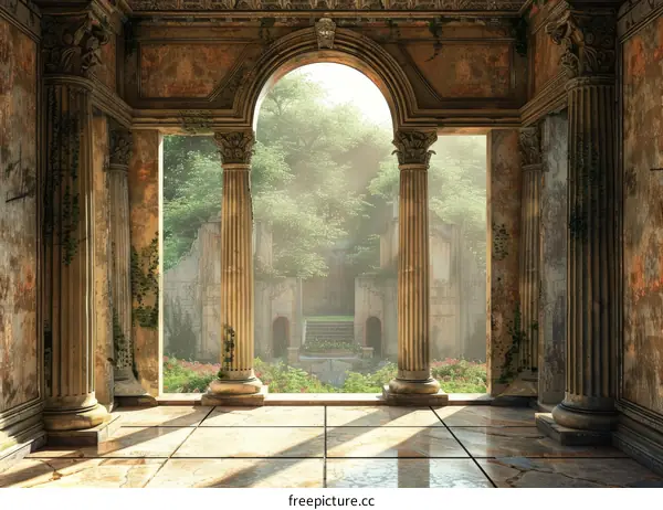 Mystical Garden Through Ancient Archway