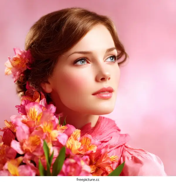 Beautiful Woman with Floral Headpiece in Pink Background