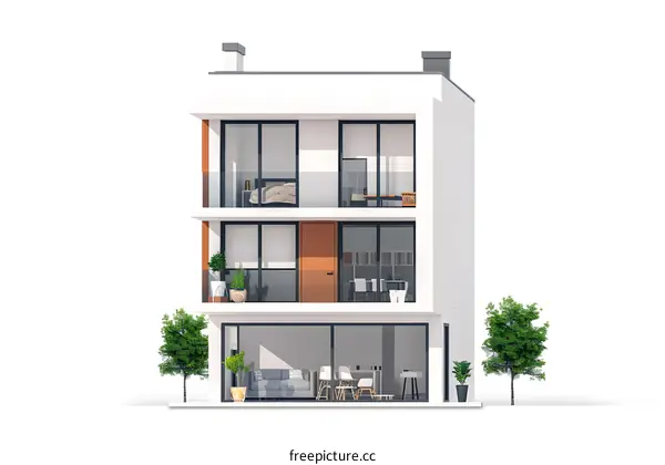 Modern 3D Illustration of a Three Story House With Balconies