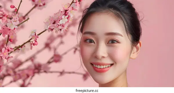 Beautiful Asian Woman With Cherry Blossoms in Her Hair