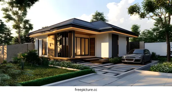 Modern Minimalist House Design with a Green Garden and a Car in the Driveway