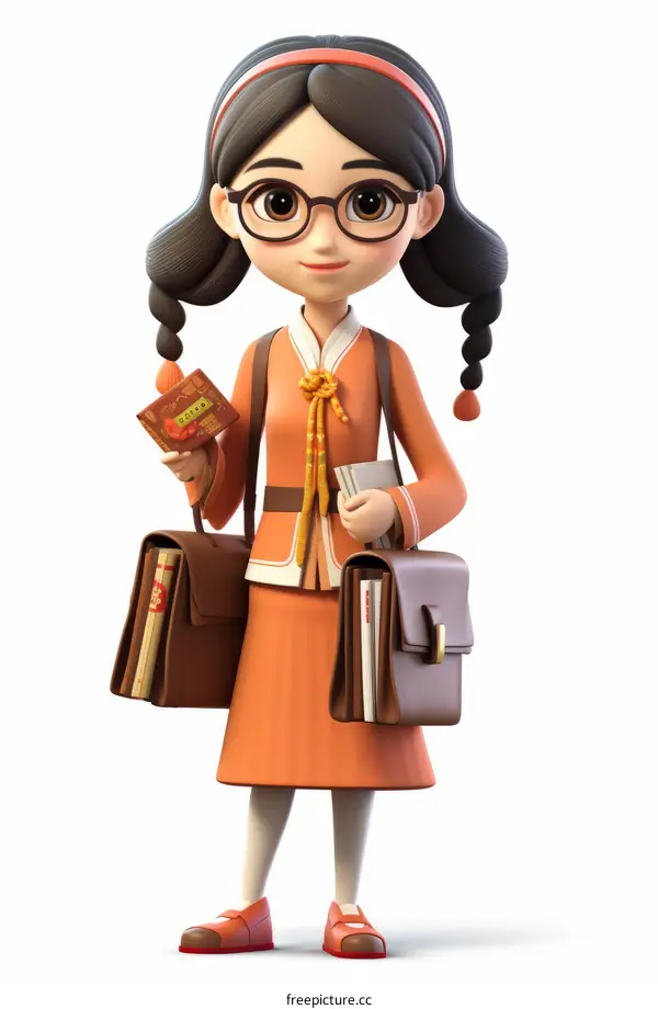 A cartoon girl with glasses is holding books and a red envelope
