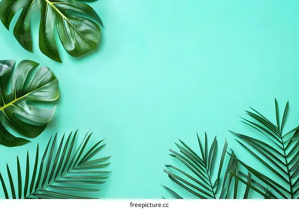 Tropical Palm Leaves on Turquoise Background