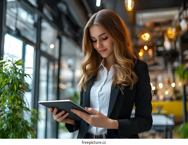 Businesswoman Working on Tablet in Modern Office Space