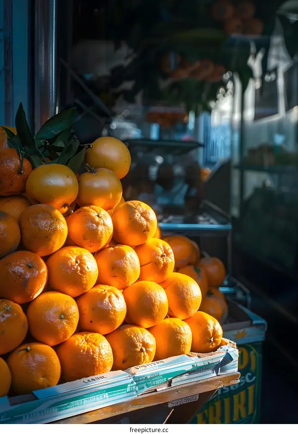 Close Up of Fresh Oranges Stacked in a Crate