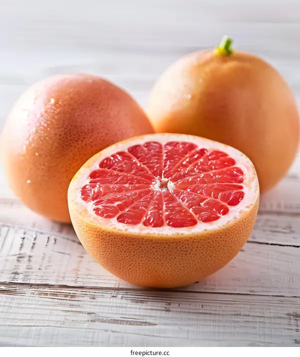 Fresh Ripe Grapefruit Slices On Wooden Table