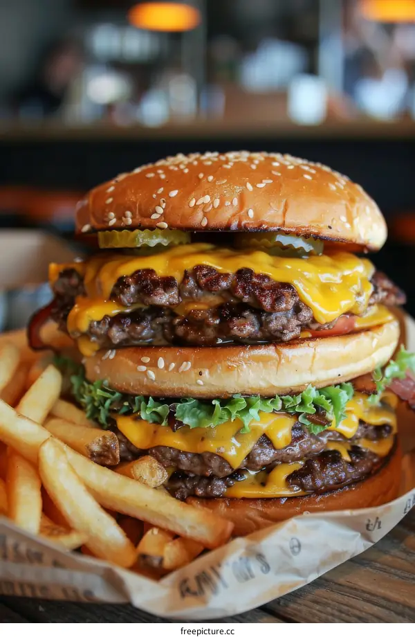 A delicious-looking triple cheeseburger with a side of fries