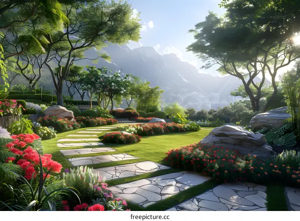 A lush garden with a view of the mountains
