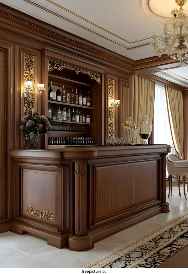 Classic Wooden Bar Counter with Shelves and Gold Accents