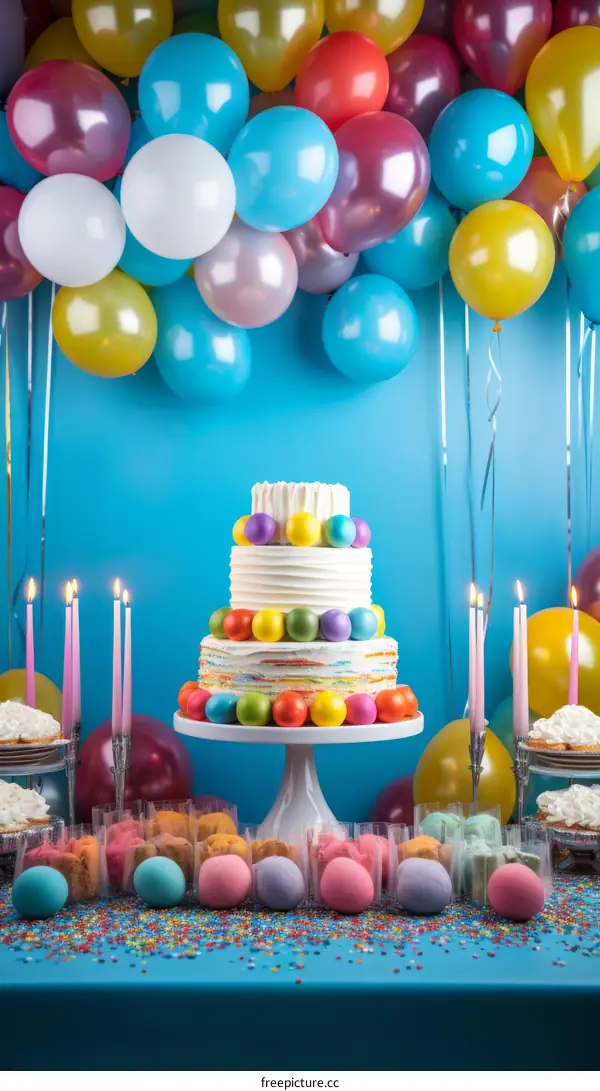 Three-tiered birthday cake with rainbow balloon backdrop