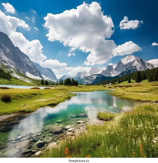 A beautiful landscape with a river running through a valley in the mountains