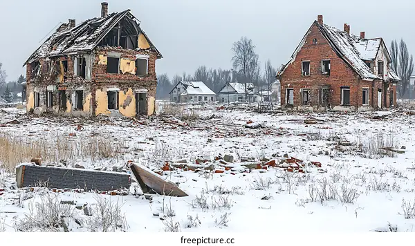 Ruined Houses in Snowy Landscape