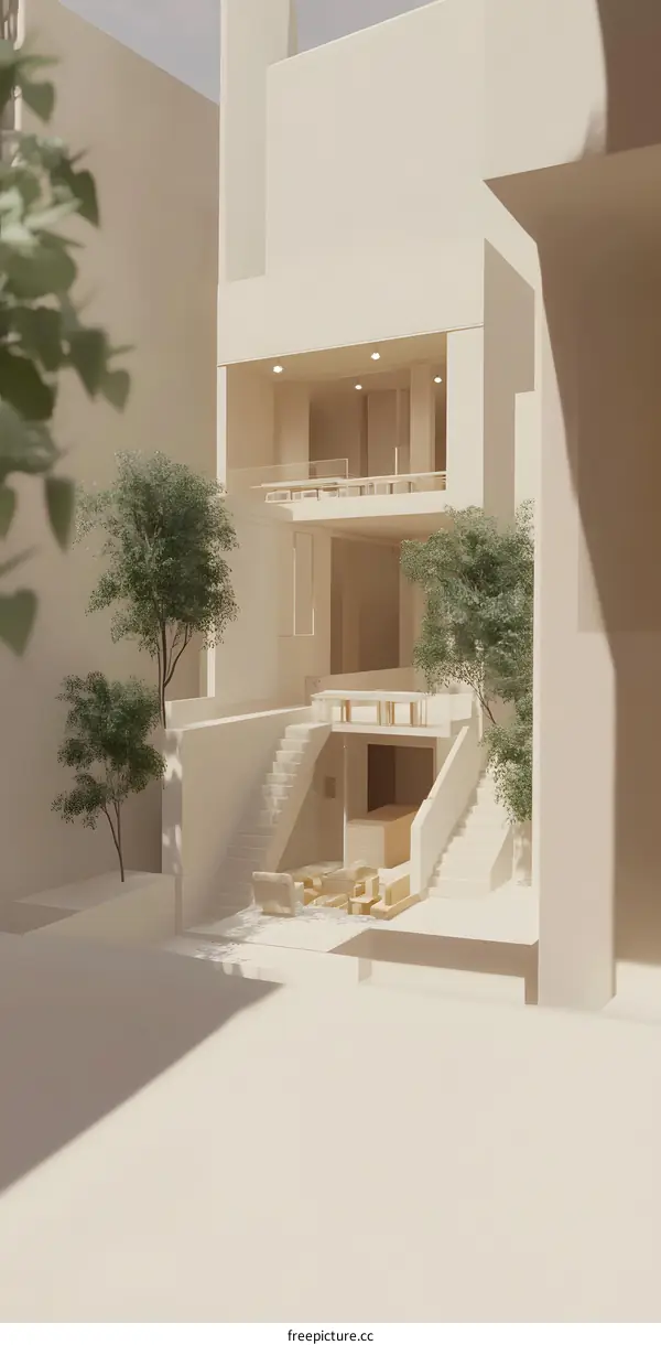 Minimalist White House with Stairs and Courtyard
