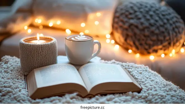 Cozy Evening with Book, Candle, and Coffee