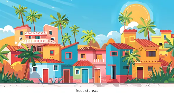 Colorful Houses in a Tropical Village Illustration