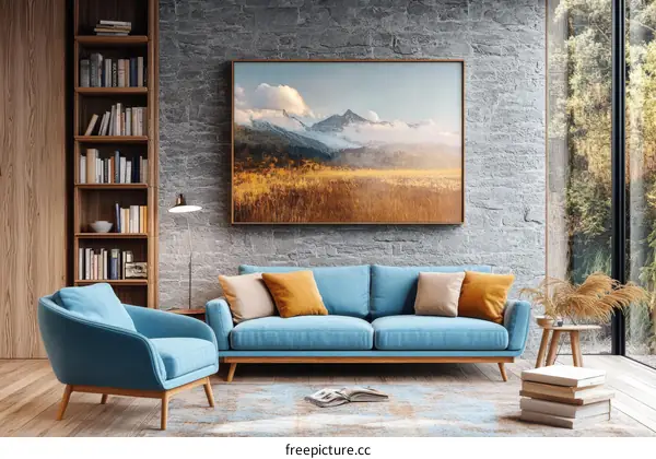Modern Living Room with Mountain Landscape