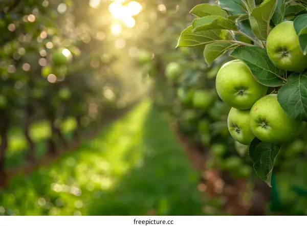 Fresh organic green apples hanging in a lush orchard