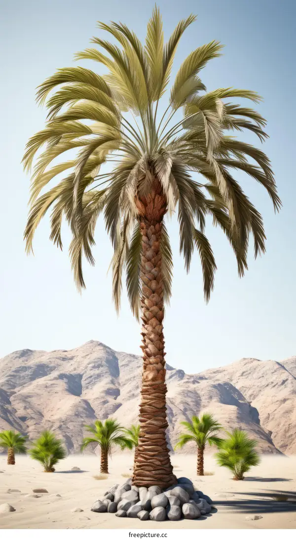 A tall palm tree in the desert with a blue sky and mountains in the background