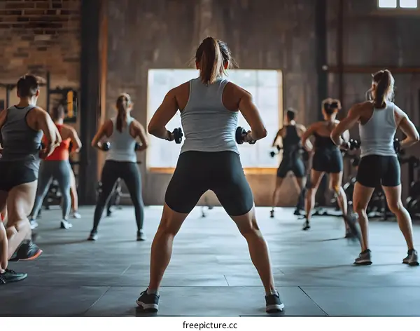 Group of Women Exercising With Dumbbells in Gym