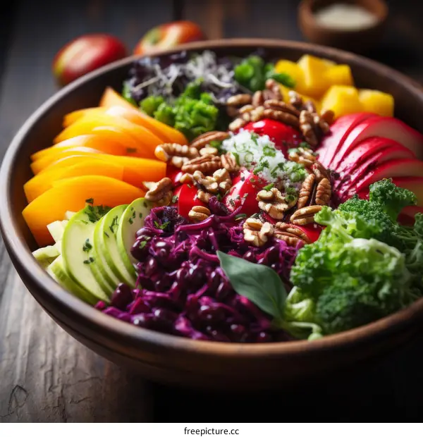 A bowl of salad with apples, broccoli, cabbage, and walnuts