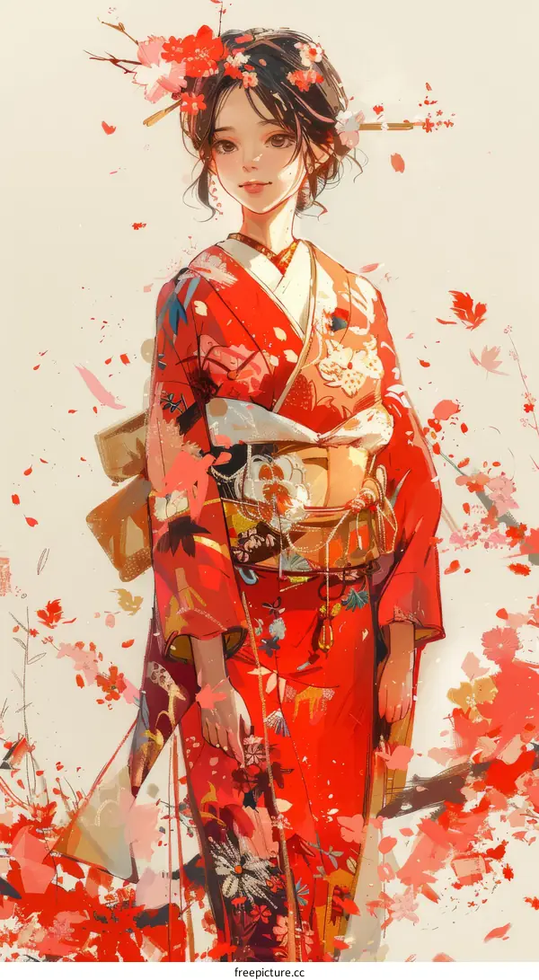 A woman wearing a red kimono with cherry blossoms