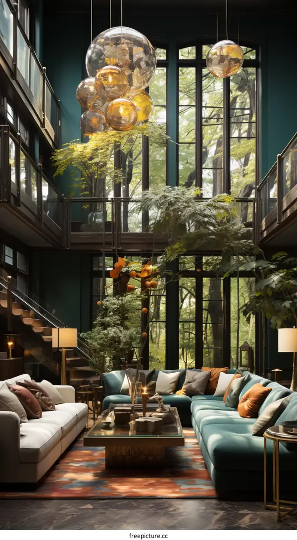 Modern living room with green walls and large windows