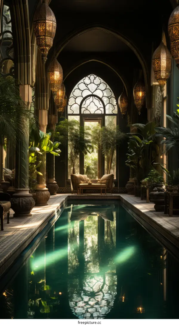Indoor pool in a beautiful courtyard with Moroccan style
