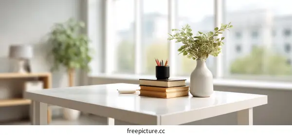 Modern Home Office Tabletop Decor with Plants and Books