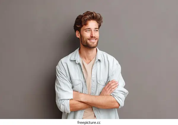 Stylish Caucasian Man Posing Against a Grey Background