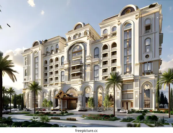 A large white building with a lot of windows and a grand entrance