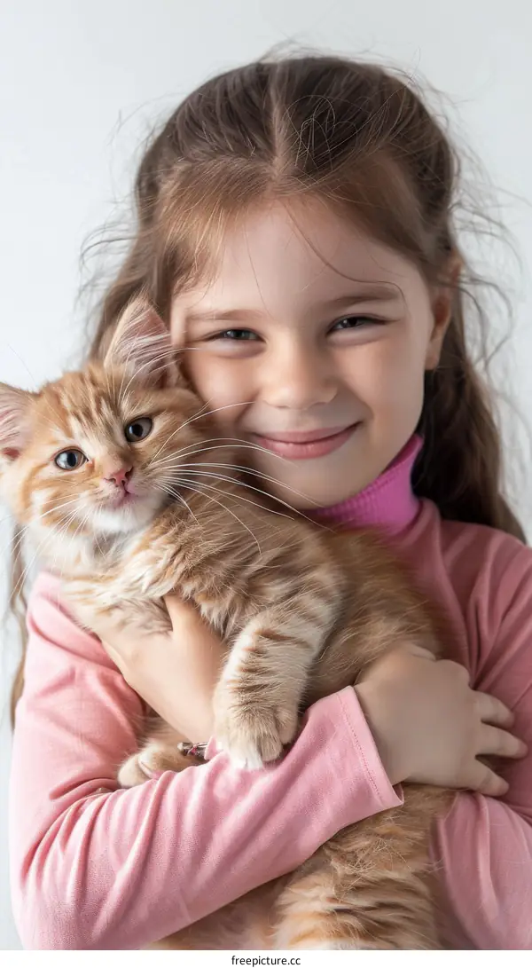 Little girl hugging a ginger kitten