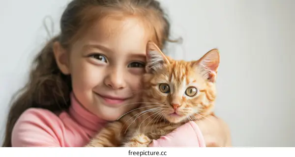 Little girl hugging an orange cat