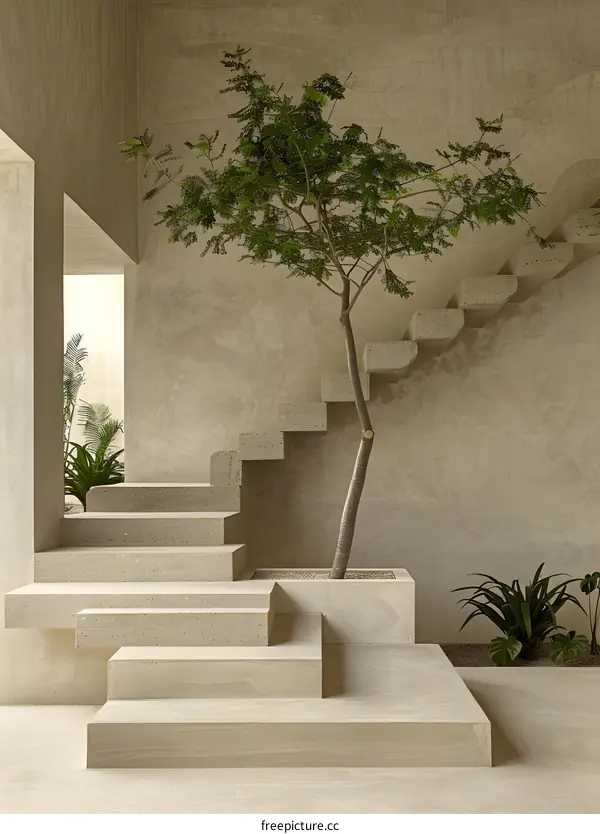 Modern Concrete Staircase With Tree Growing Through