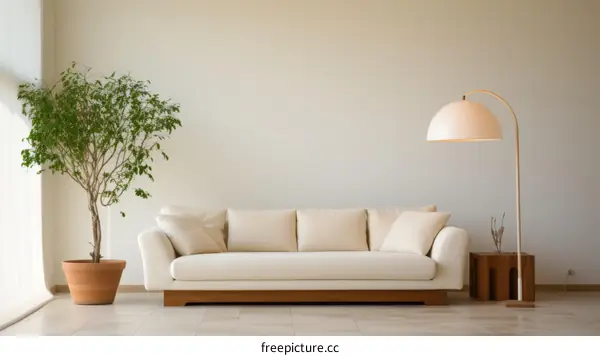 Modern Living Room with Sofa, Tree, and Lamp