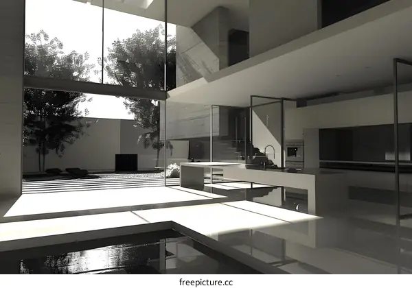Modern House Interior Design with Pool and Glass Walls