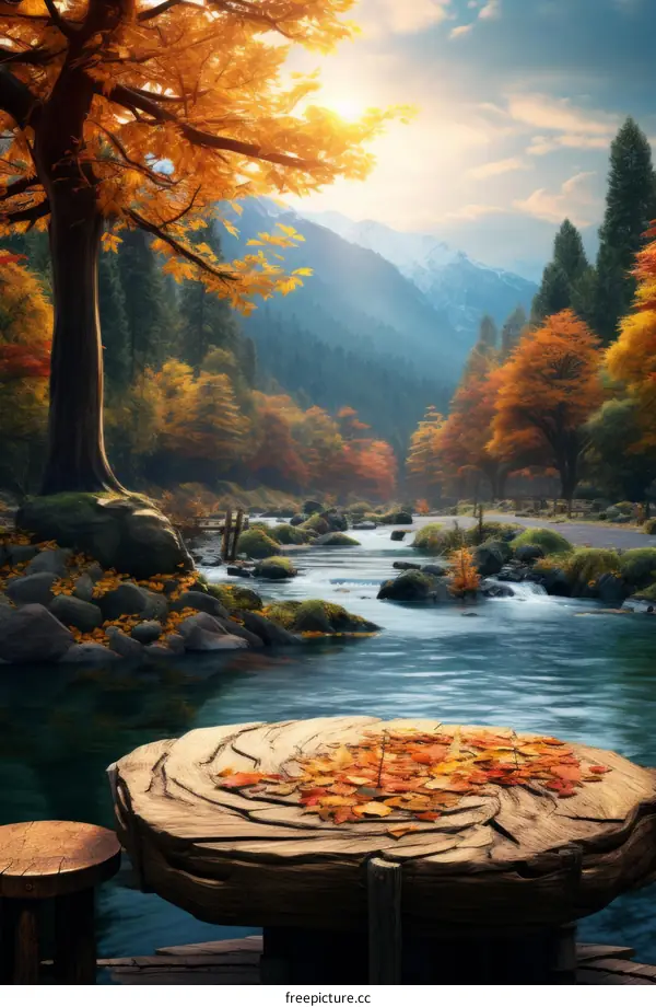 A beautiful landscape of a river flowing through a forest in the fall