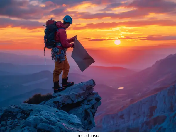 A lone hiker reaches the summit of a mountain and gazes out at the view
