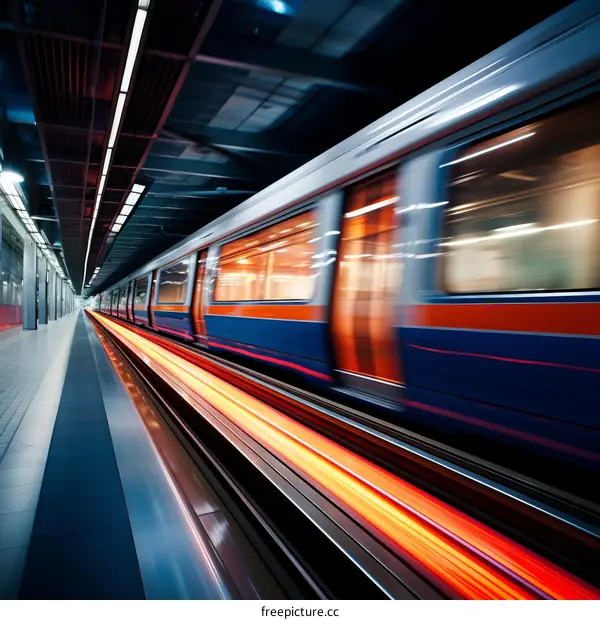 A subway train speeds through a downtown station during rush hour