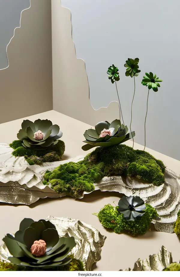 Green Flowers and Moss Arrangement on a Textured Background
