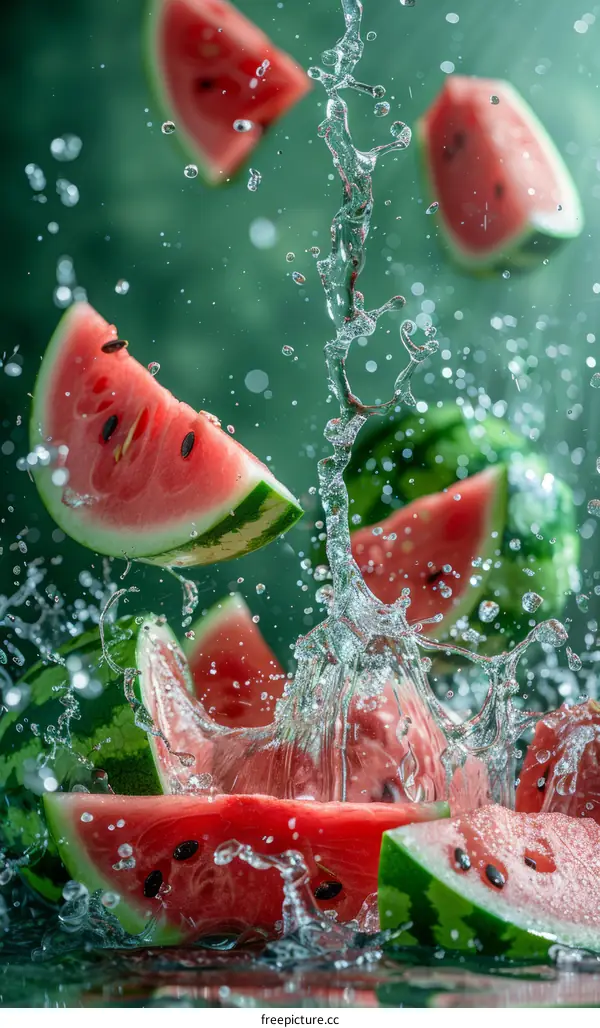 Watermelon slices falling into water