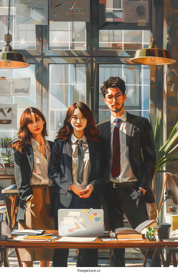 three people in suits in an office