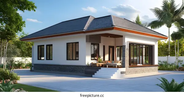 Modern Tropical House Design with Large Windows and Stone Wall