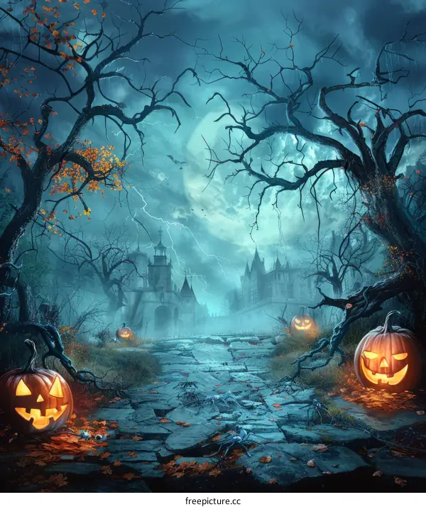 Spooky Halloween night haunted house path
