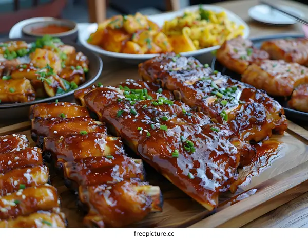 Closeup of Delicious Barbecue Ribs with Sesame Seeds and Green Onions