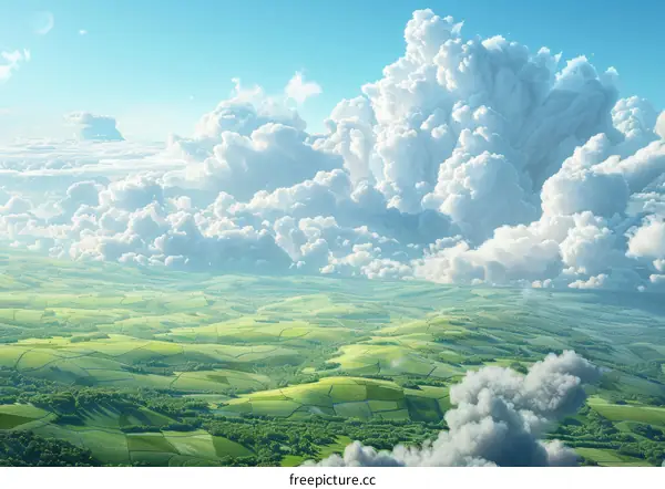 Vast Green Hillsides Under Blue Sky and Cumulus Clouds