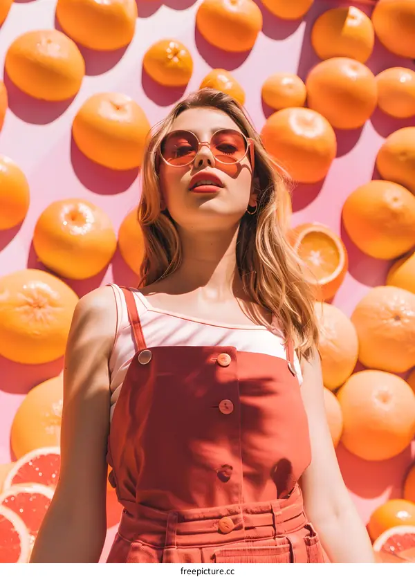 Woman in Sunglasses Posing Against Orange Fruit Wall